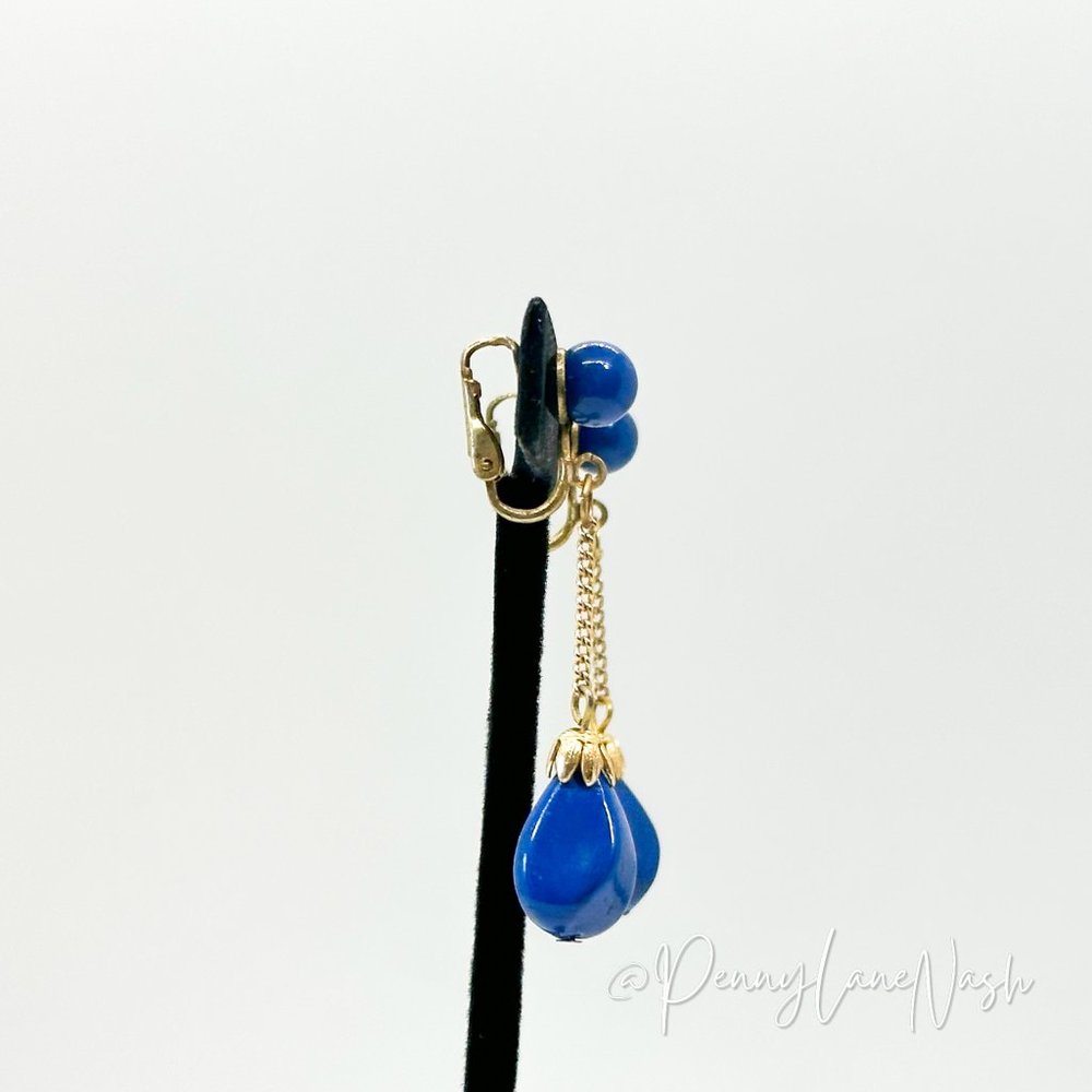 Vintage Bright Bue Dangle Beads Drop Earrings - Picture 4 of 7